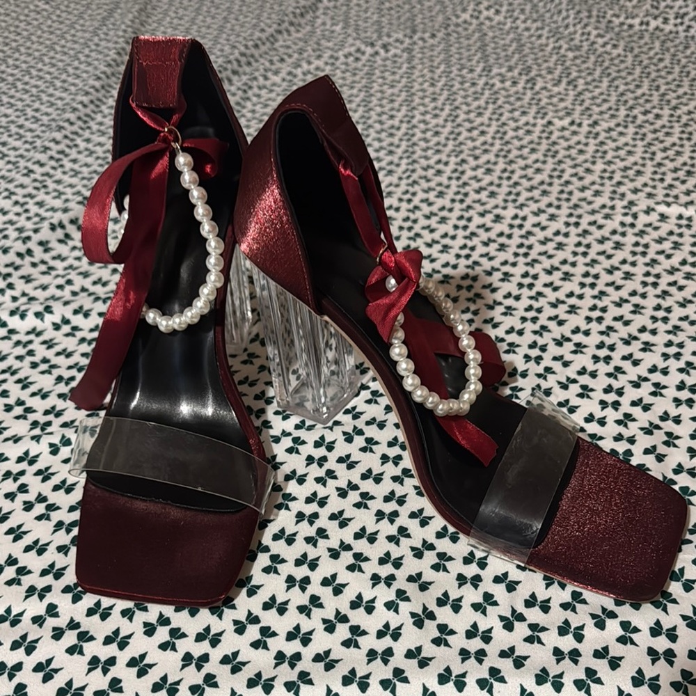 SHEIN Red Velvet Platform Heels with Vintage Charm